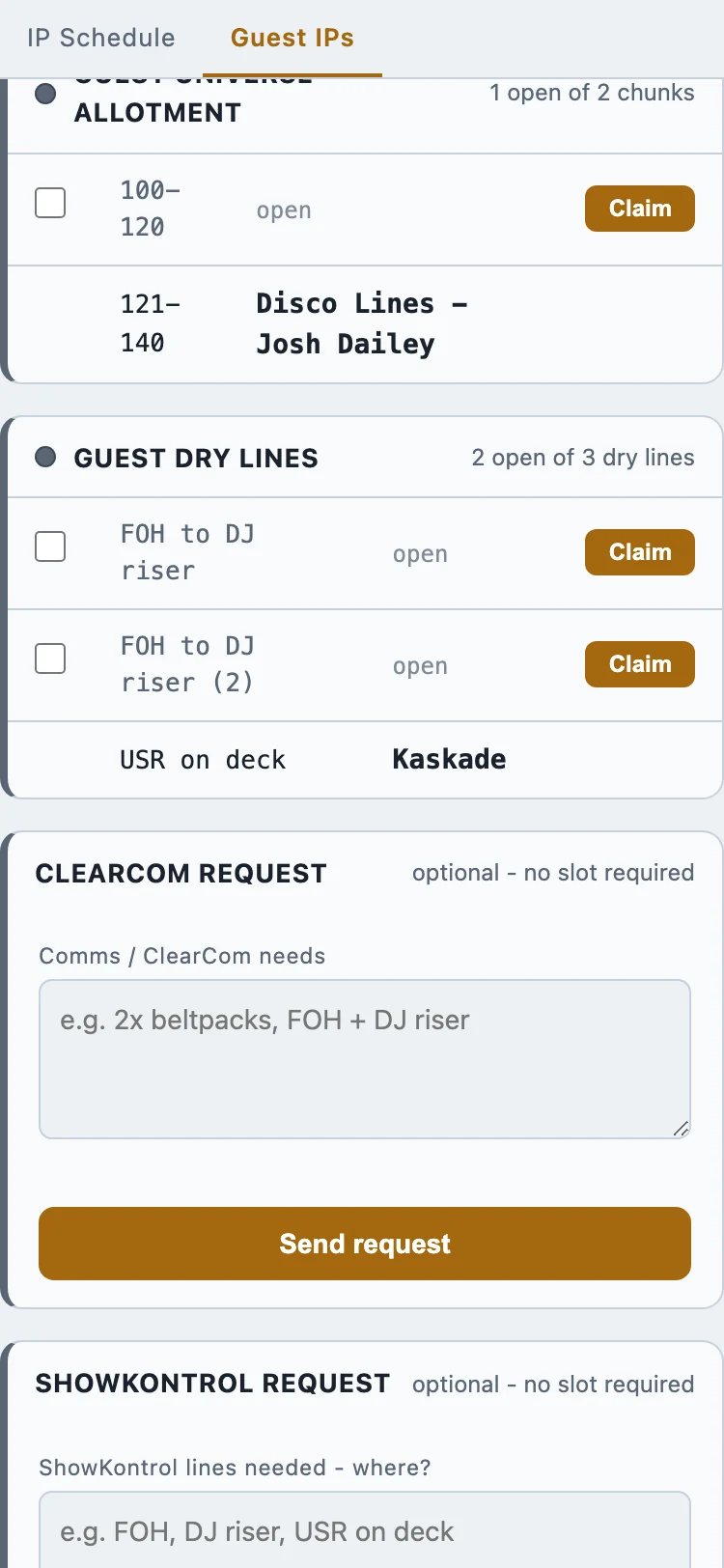 Published crew page on a phone: open guest slots with Claim buttons, and the ClearCom / ShowKontrol request cards