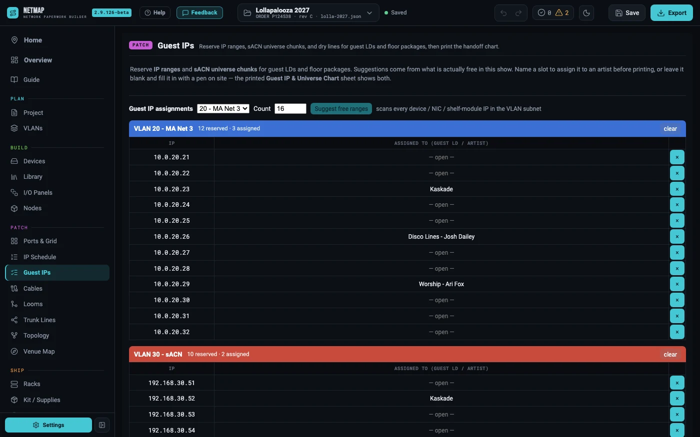 Guest IPs tab: the Suggest free ranges control, and reserved guest IP pools grouped by VLAN and colour-coded, each row either open or assigned to a visiting LD