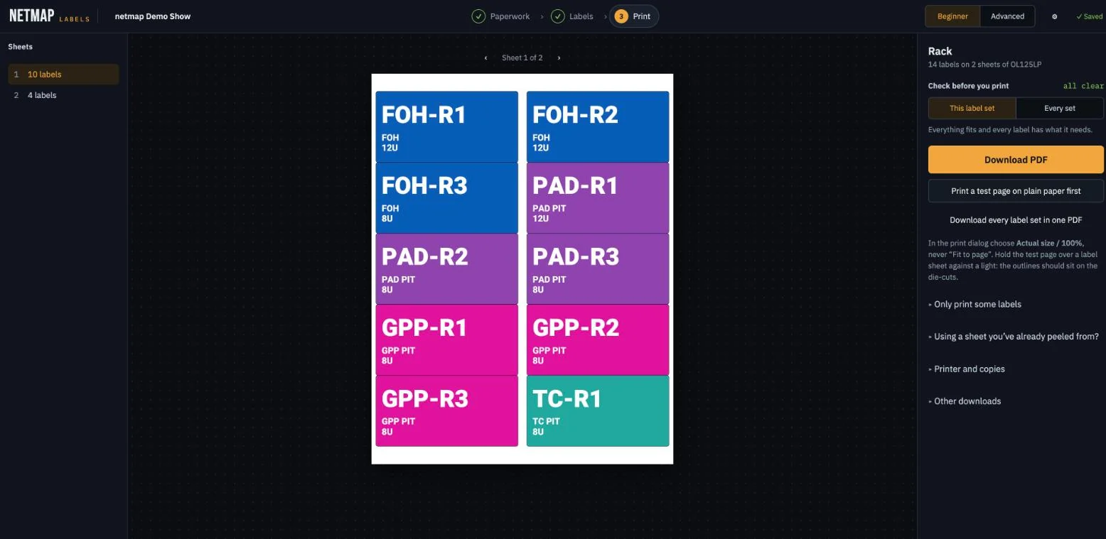 netmap labels Print screen: a sheet of rack labels colored by zone (FOH blue, PAD purple, GPP pink, TC teal) with Download PDF and a plain-paper test page