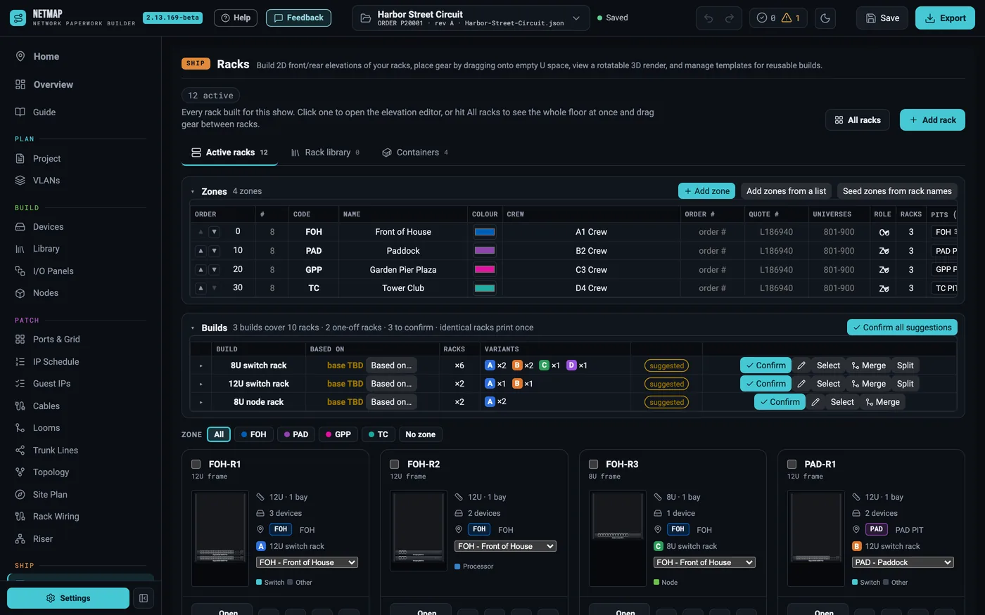 Racks tab: the zones table with crews, and racks built the same way grouped into builds