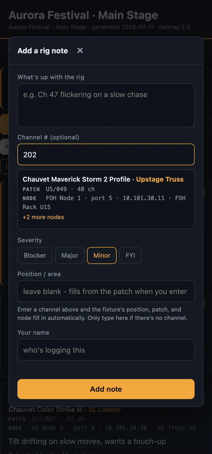 Adding a rig note on a phone: typing a channel number auto-fills the fixture, its position, the patch, and the node and port from the imported MVR