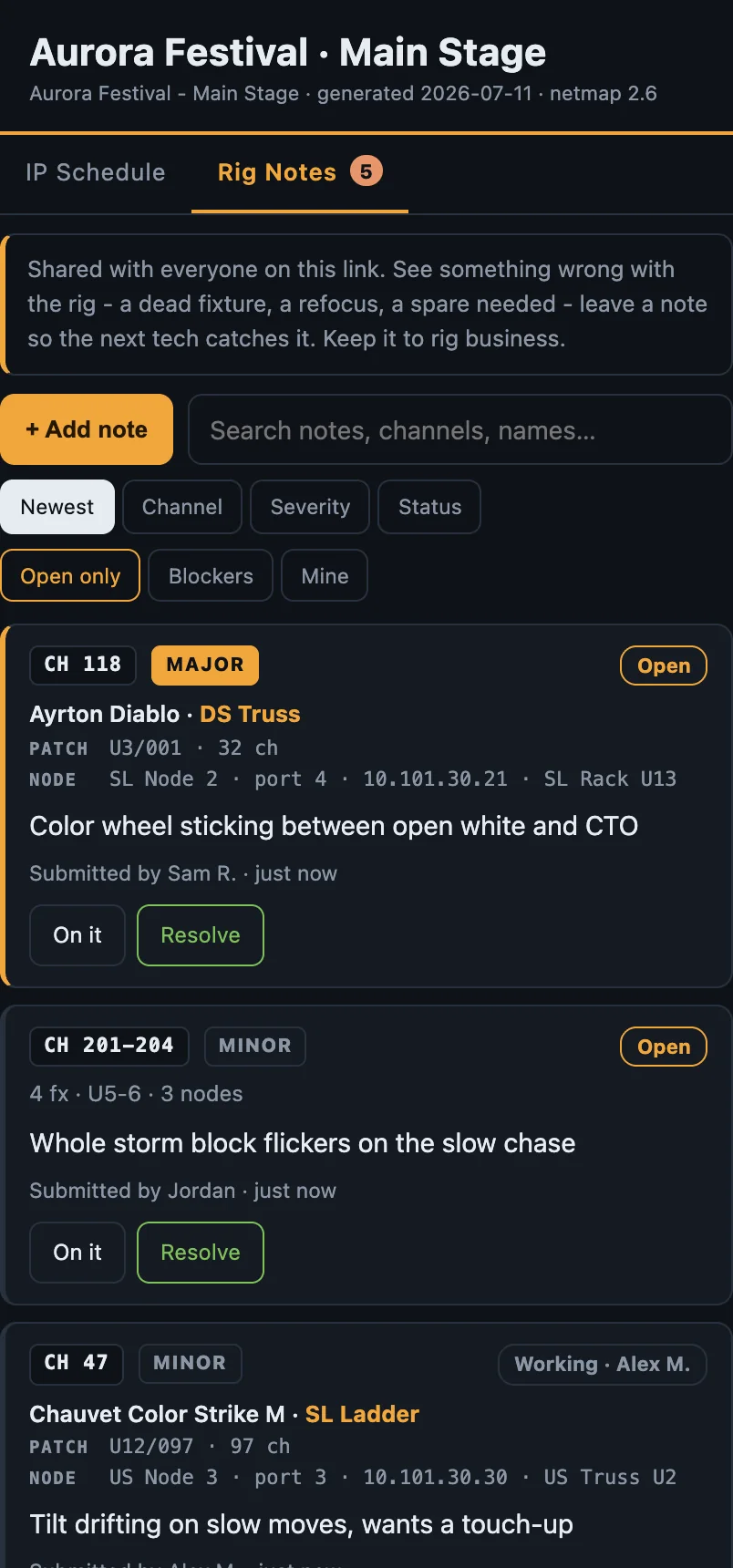 Rig Notes on a published show, on a phone: crew notes with the fixture, position, universe and address, and node and port auto-filled from the MVR patch