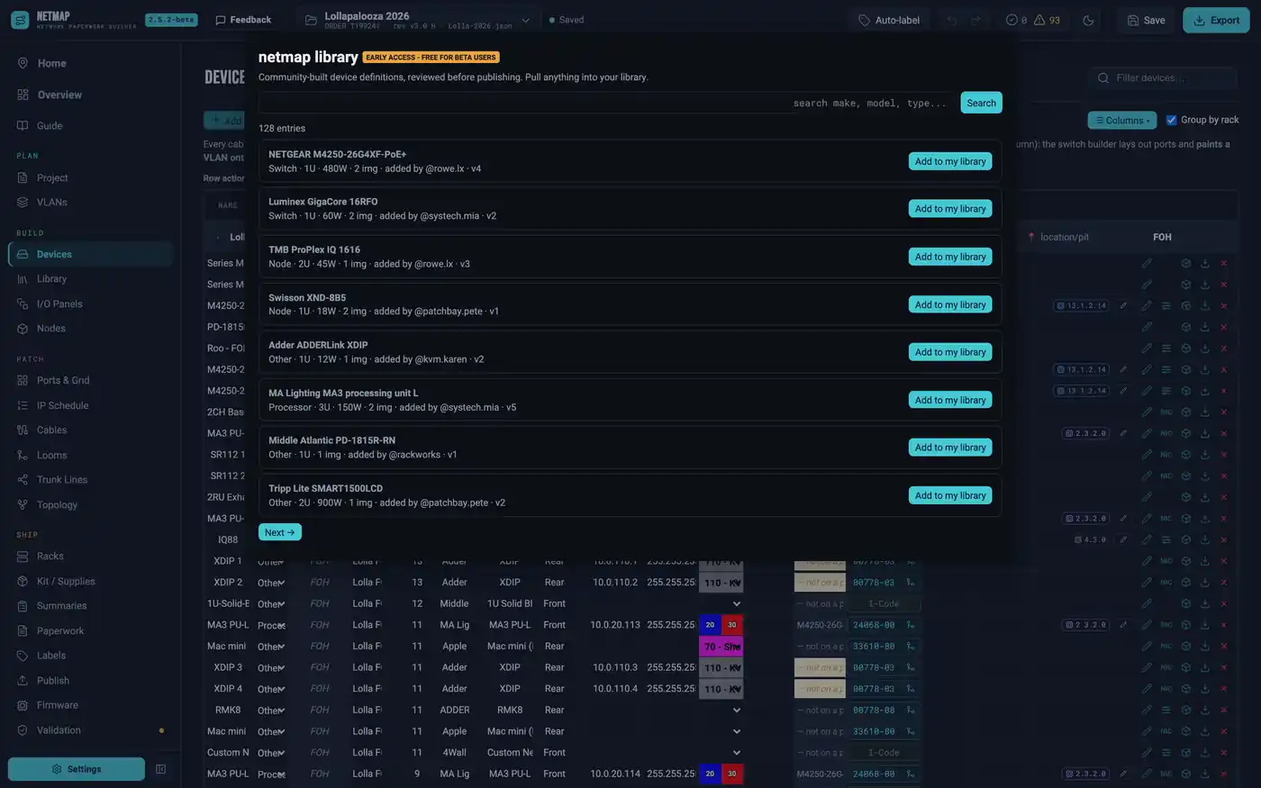 Community equipment library modal with search results and credit lines