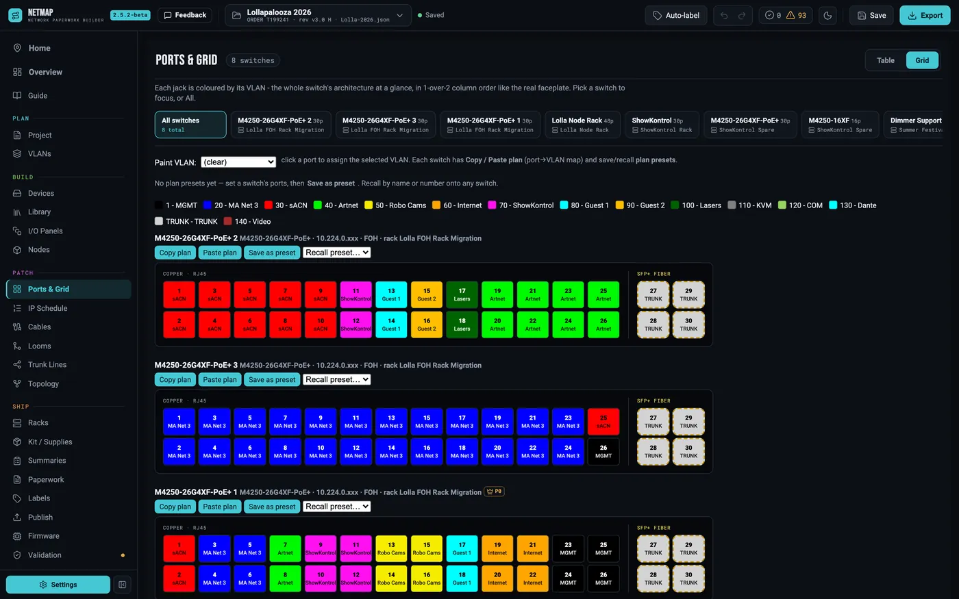 Switch grid with VLAN colors painted onto ports and a trunk port visible