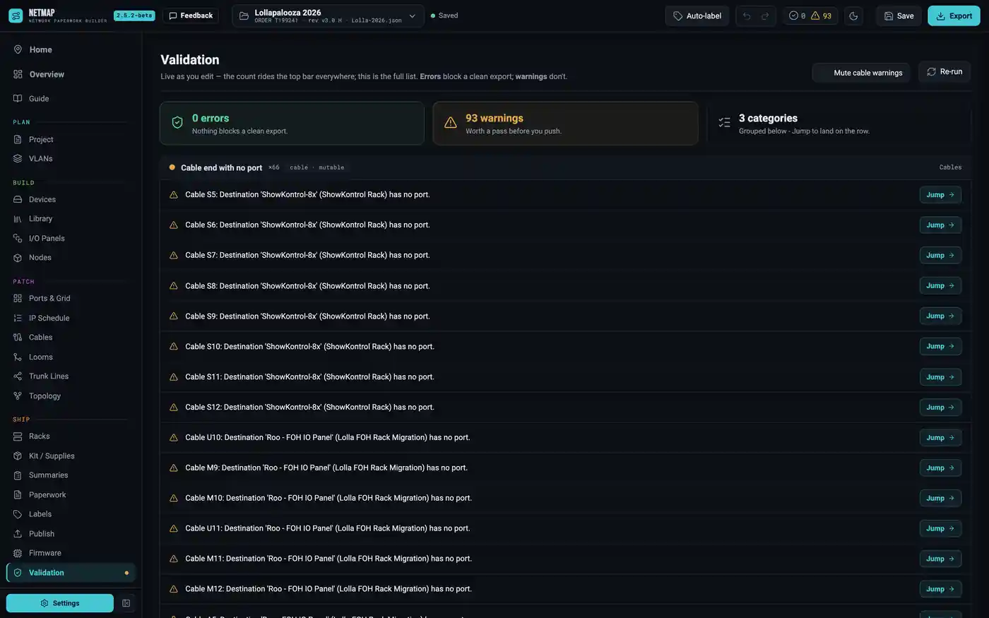 Validation tab with zero errors blocking export and the grouped warning list