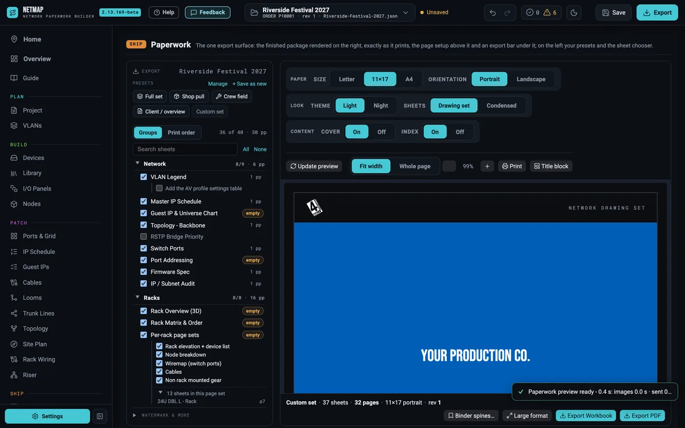Paperwork tab with the export preview, sheet checklist and Arch D 4-up option