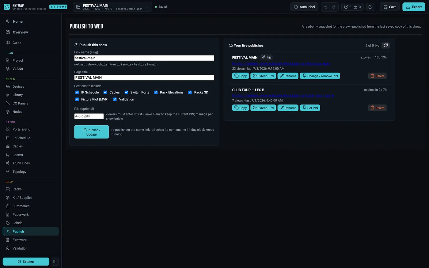 Publish tab with the live slug preview, PIN, expiry countdown and publishes list